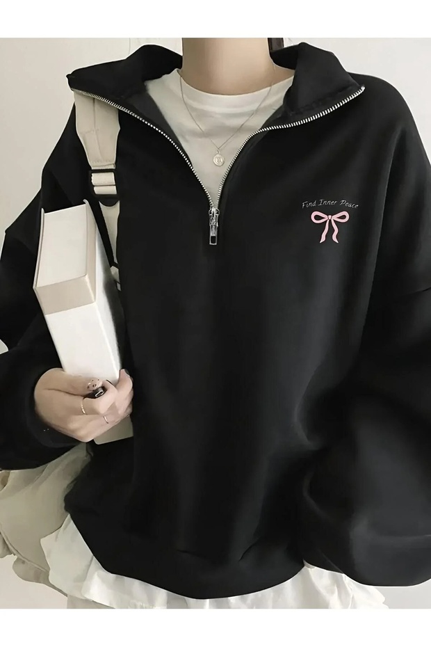 Unisex Black Minimal Ribbon Printed Half Zipper Stand Collar Printed Premium Oversize T-Shirt
