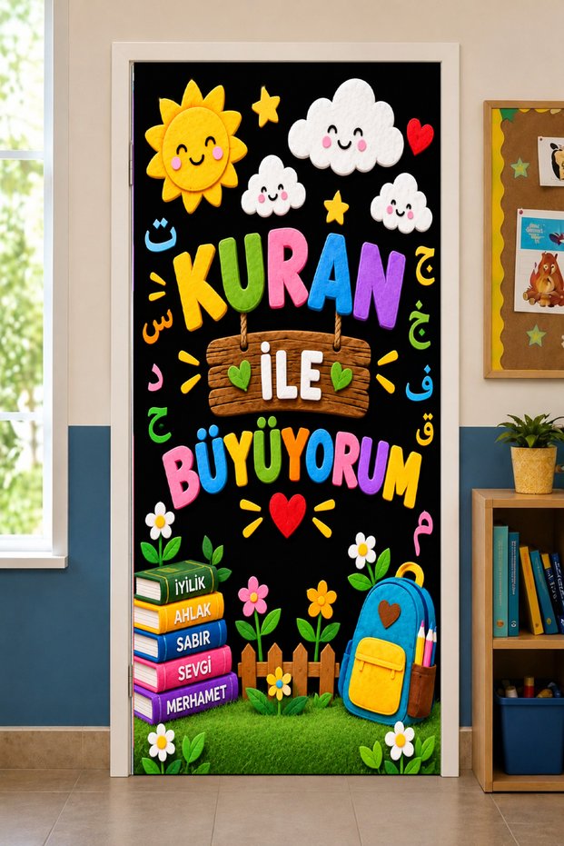 190X75Cm Elastic School Classroom Door Drape, I Grow with the Quran, Fabric Door Drape, Classroom Door, School Event Door Drape