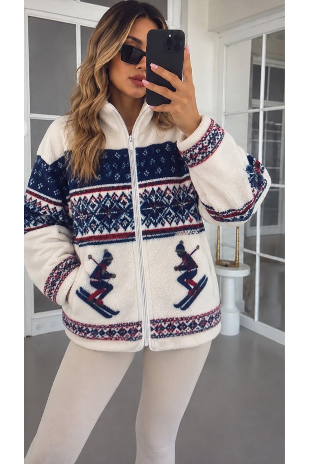 Zippered Ski Patterned Plush Fleece Jacket