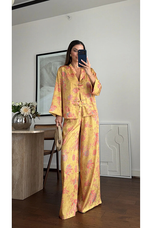 Yellow Satin Floral Patterned 2-Piece Set