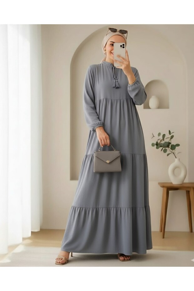 1627 Collar Lace-Up Hijab Dress - Gray