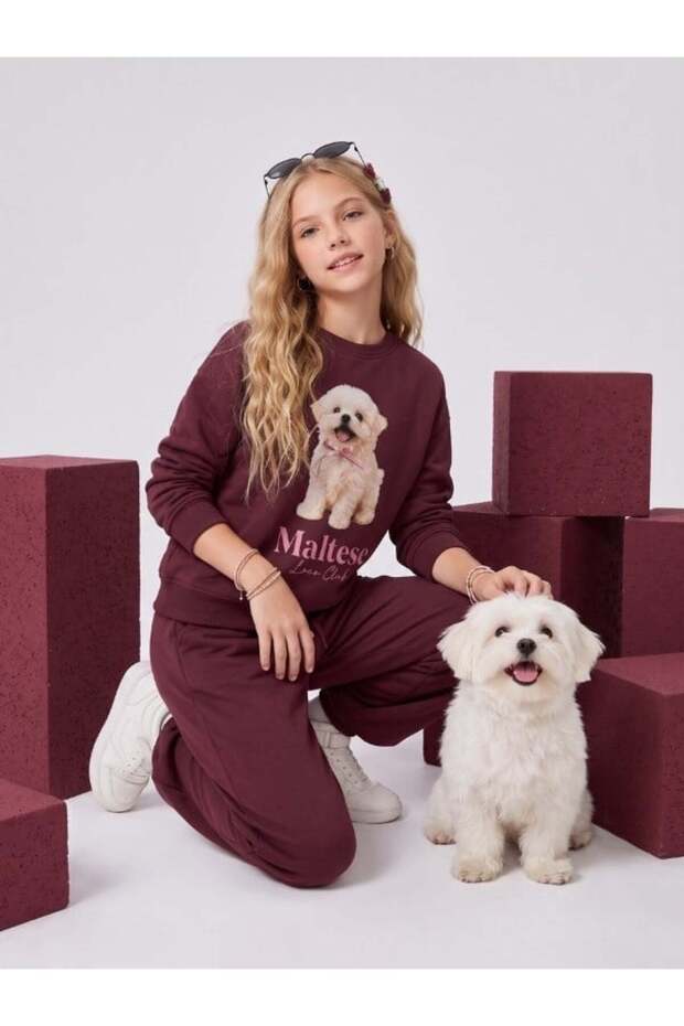 Girl's Cotton Dog Printed Oversized Design Sweatshirt