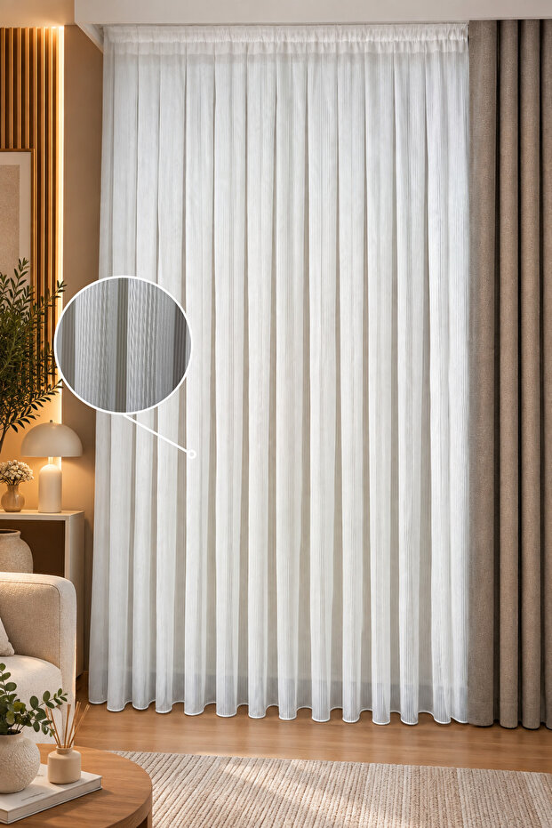1-3 Dense Pleated Akita Thick Striped Off-White Tulle Curtain