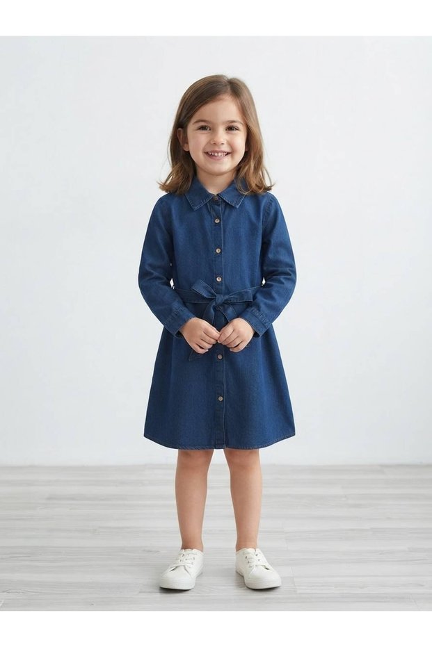 Girls' Denim Dress Long Sleeve Shirt Collar Belted Casual Jean Dress