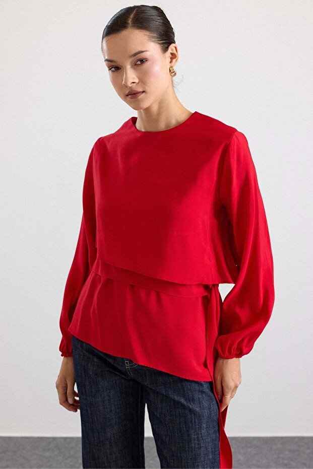 Layered Asymmetrical Cut Casual Blouse Red 9837