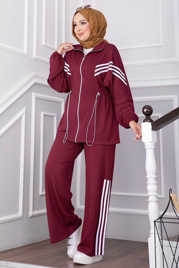 Stripe Detailed Zippered Sports Suit Claret Red