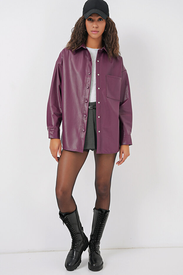 20134 Oversize Faux Leather Shirt - Plum