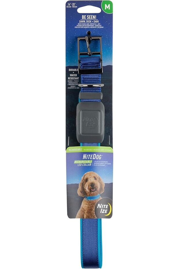 NiteDog Rechargeable LED Collar, USB Rechargeable Light Up Dog Collar w/Metal Buckle, Water Resistant, Blue
