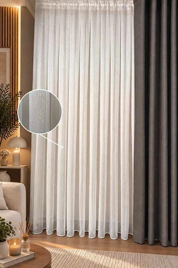 1-2 Sparse Pleated Sporty Striped Off-White Tulle Curtain