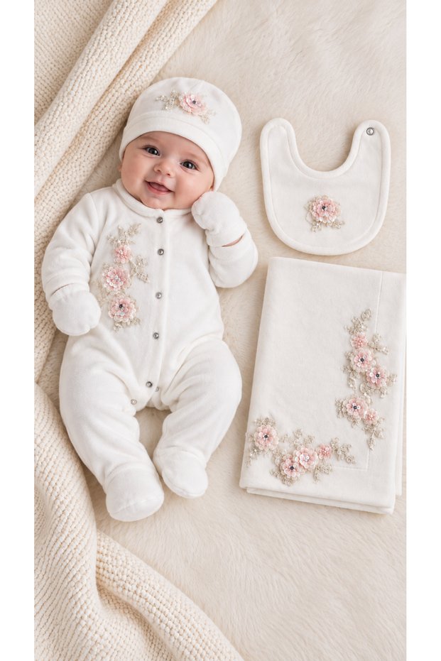 Imported Lace Velvet Baby Girl 5-Piece Hospital Discharge Set 0-3 Months – Romper, Blanket, Hat, Bib, and Gloves