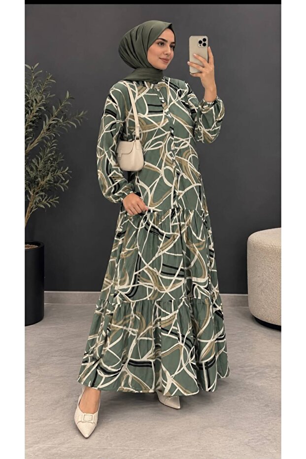 Woven Viscose Fabric Full-Length Stand-Up Collar Front Buttoned Women's Tunic Dress