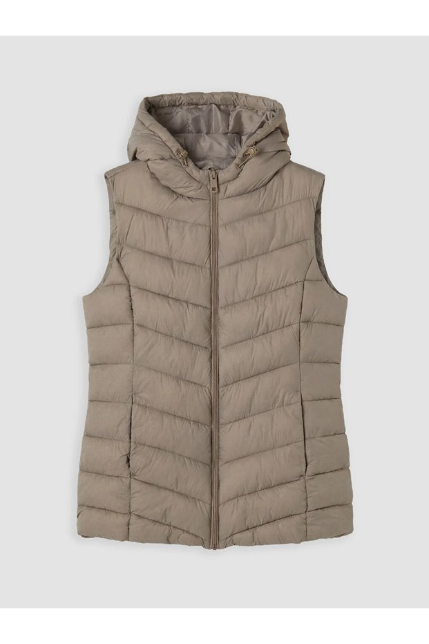 Brown Hooded Women's Puffer Vest