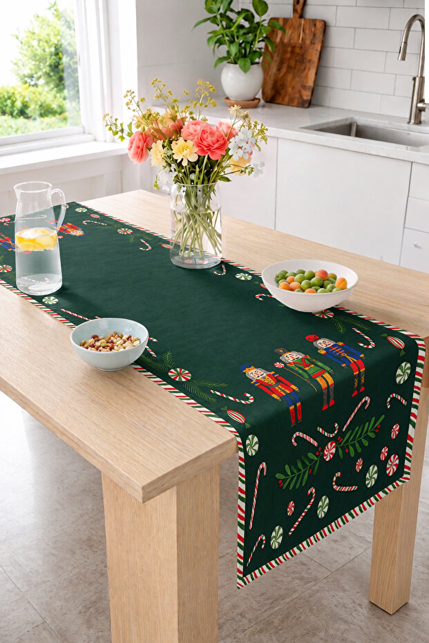 Christmas Decorative Table Runner with Lead Soldier Figures and Candy Cane and Mint Candy Patterns, Digital Printed