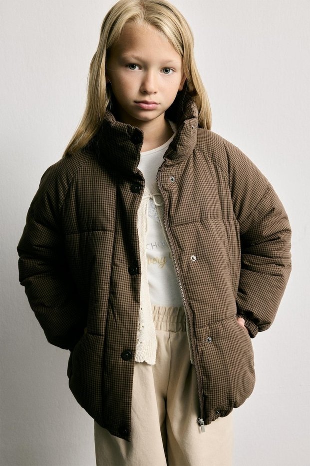 100% Cotton Stand Collar Checkered Puffer Coat for Girls H2933A826Au