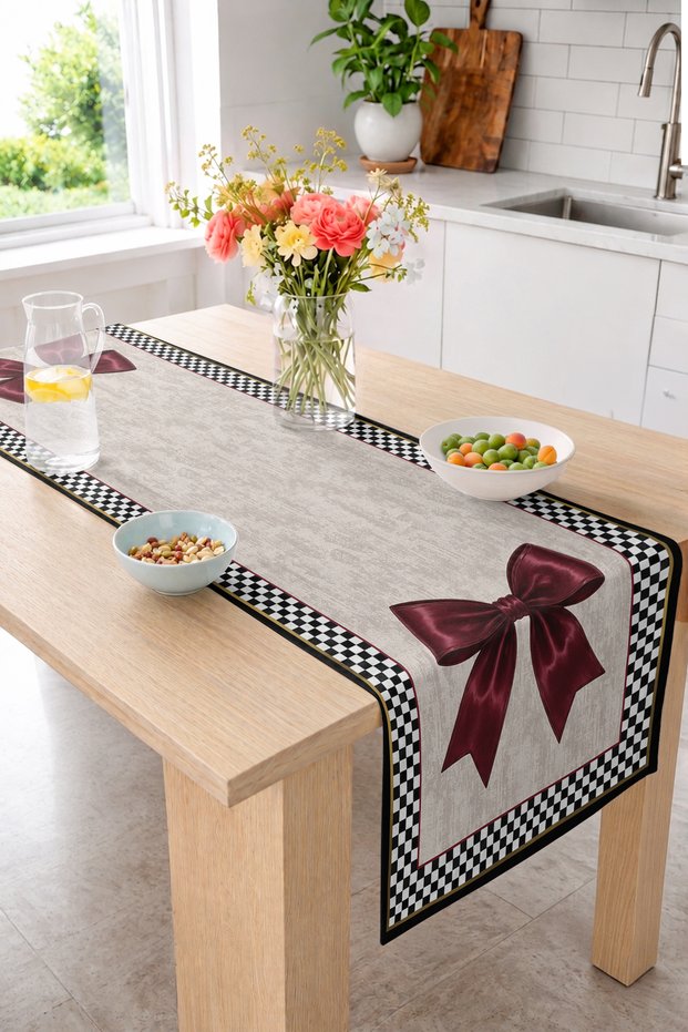 Large Bowknot Checkered Framed Classic Patterned Digital Printed Runner Decorative Design 40X140 cm