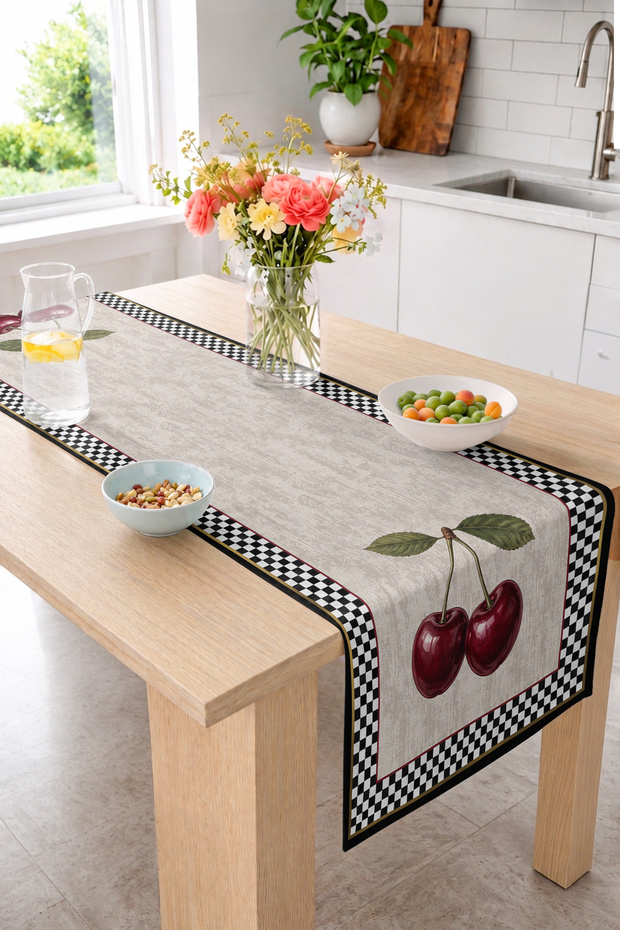 Double Cherry Figured Leafed Checkered Border Decorative Decoration Digital Printed Runner 40X140 cm