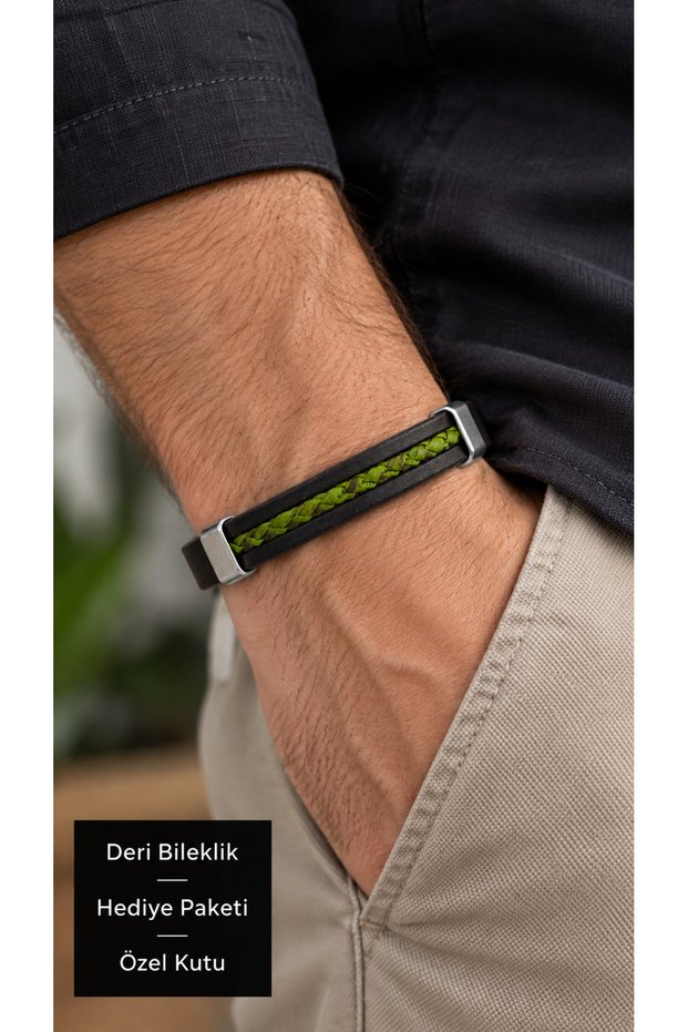 Tavrion Limecurrent Black Leather Men's Bracelet - Green Fine Weave Stripe
