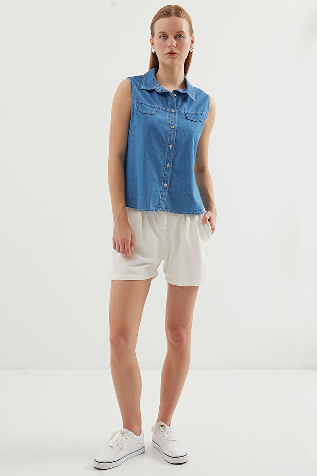 20257 Zero Sleeve Denim Shirt - Navy Blue