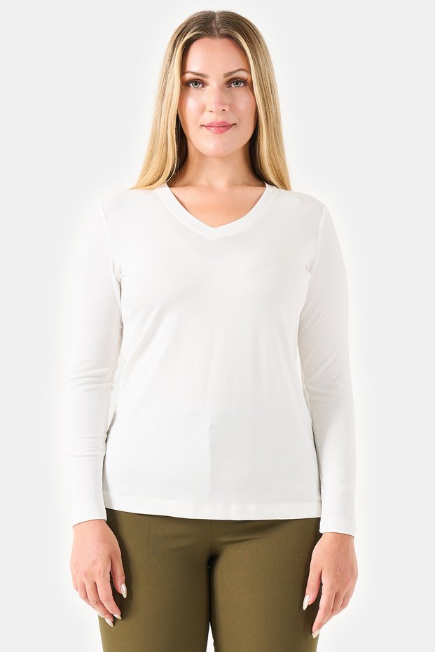 11092Ts Ecru V-Neck Long Sleeve Basic Knitted Blouse