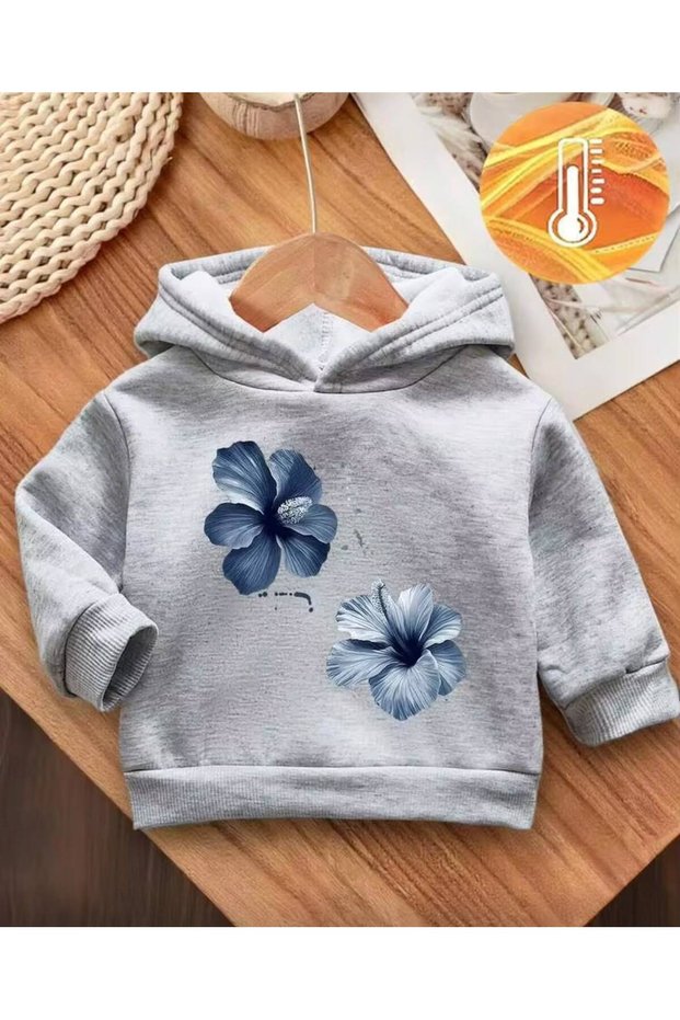 Girl's Gray Hooded Hibiscus Flowers Printed Embroidered Sweatshirt