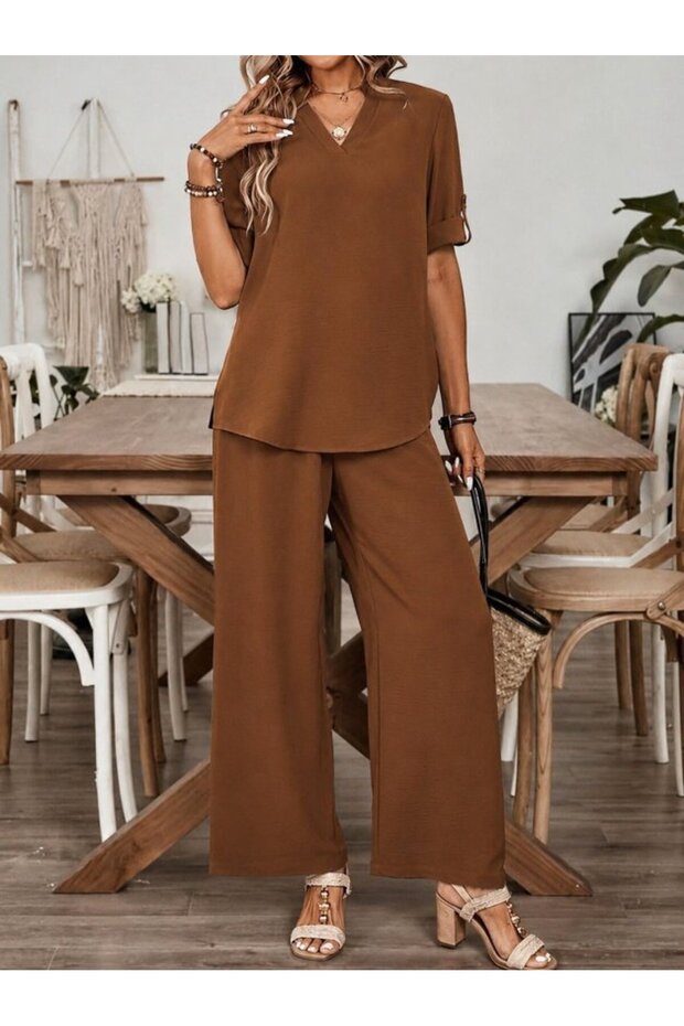 Women's Short Sleeve V-Neck Aerobin Blouse and Trousers Two-Piece Set