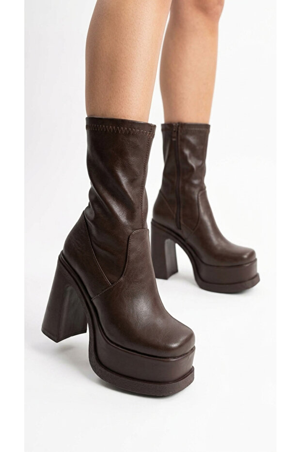 Women's Platform Sole Thick Heeled Shiny Stretch Short Boots