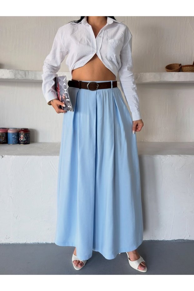 Women's Blue Belted Pleated High Waist Wide Leg Pants Mi̇n5003