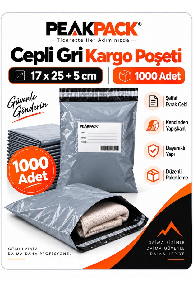 Gray Cargo Bag with Pocket 17X25+5 cm 1000 Pieces Self-Adhesive Shipping Bag