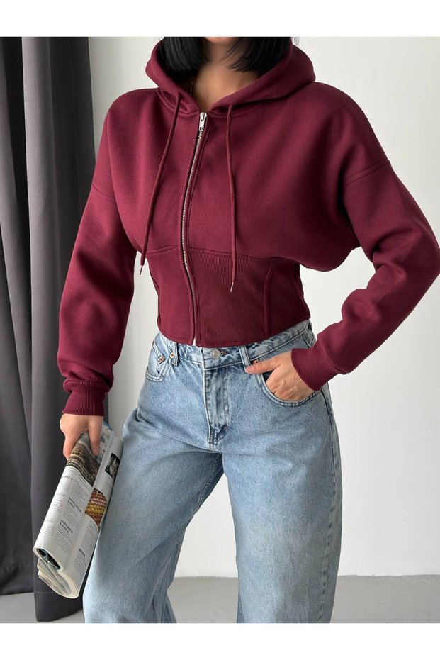 Women's Burgundy Corset Detailed Zippered Hooded Crop Sweatshirt Get26224