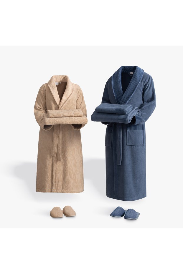 Serena Family Bathrobe Set 10 Pieces 100% Cotton Jacquard Dark Beige-Navy Blue M/L