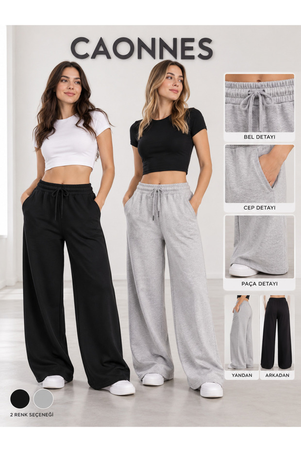 Winter Women's 2-Piece Sweatpants (Black-Grey) Oversize Comfortable Fit Wide Leg Washable Anti-Pilling