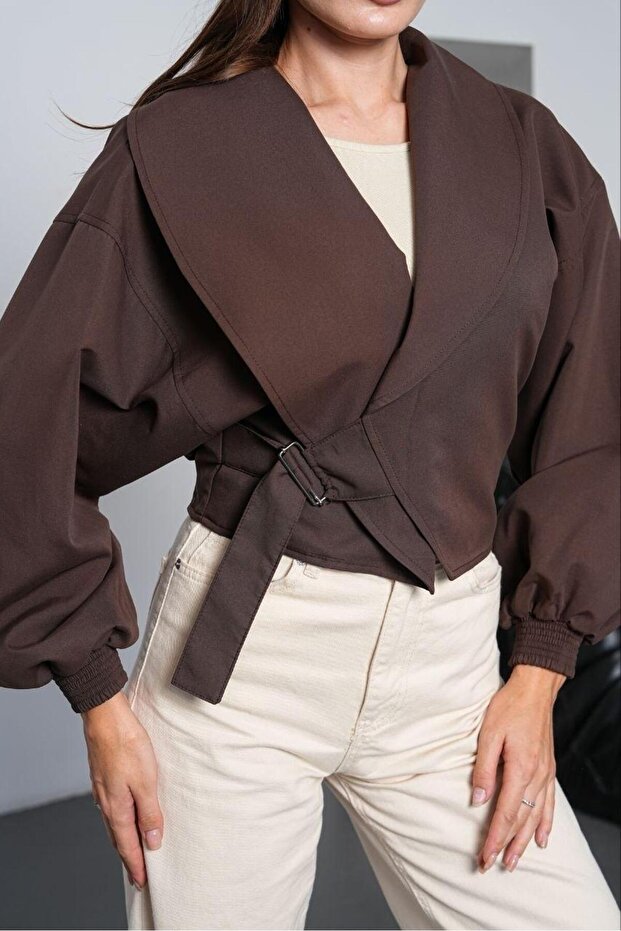 Women's Bitter Brown Shawl Collar Belted Buckle Crop Jacket Pc786