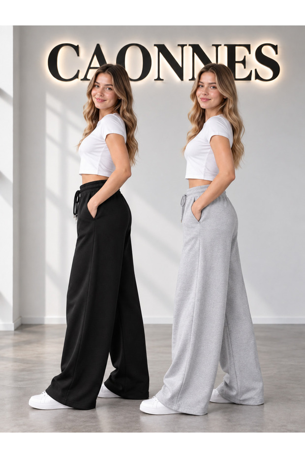 Winter Women's 2-Piece Sweatpants (Black-Grey) Oversize Comfortable Fit Wide Leg Washable Anti-Pilling