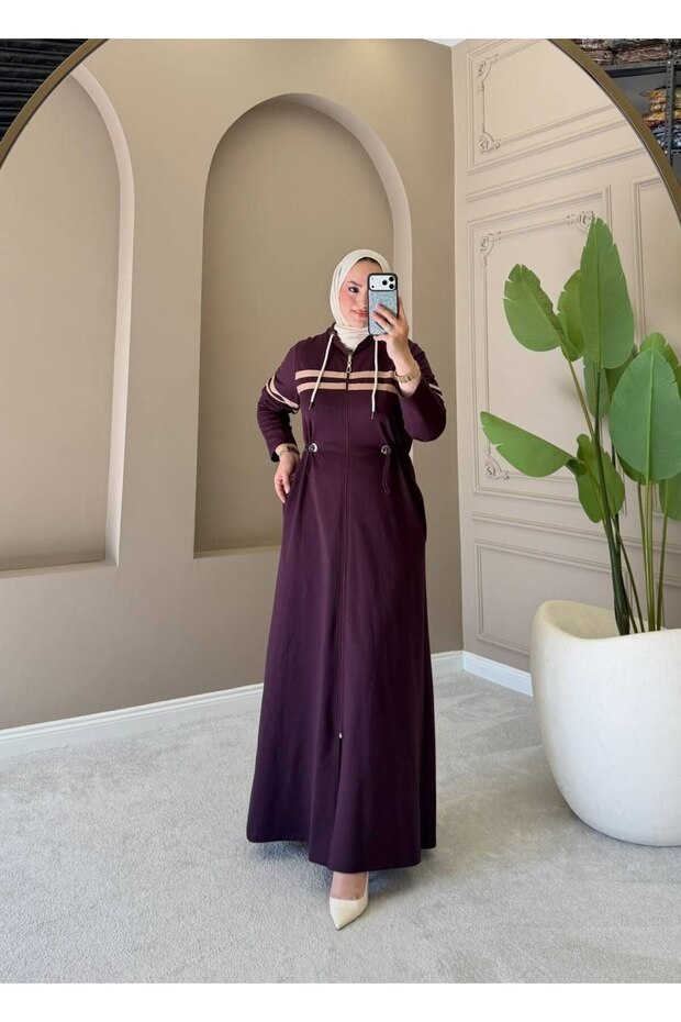 Women's Hooded Long Coat – Zippered Adjustable Waist Detailed Hijab Casual Two-Thread Coat N-05537 _ Purple