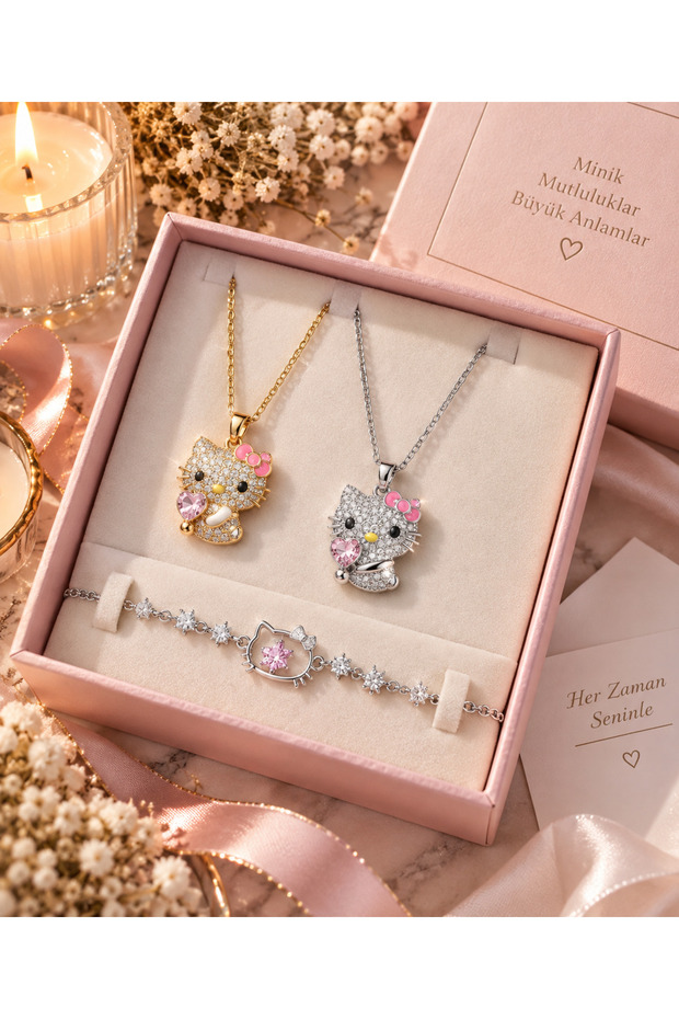 HELLO KITTY 3’LÜ ÇELİK SET (2 KOLYE+BİLEKLİK)