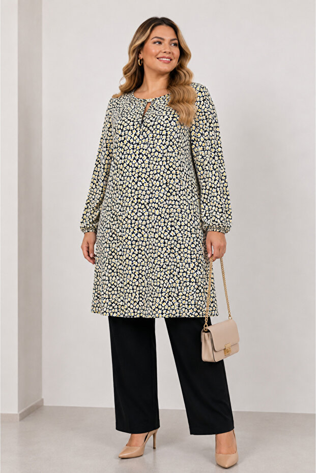 Women's Patterned Plus Size Viscose Cotton Tunic with Elastic Sleeves