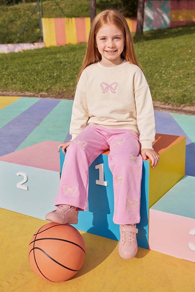 3 Thread Ribbon Embossed Printed Girls' 2-Piece Set