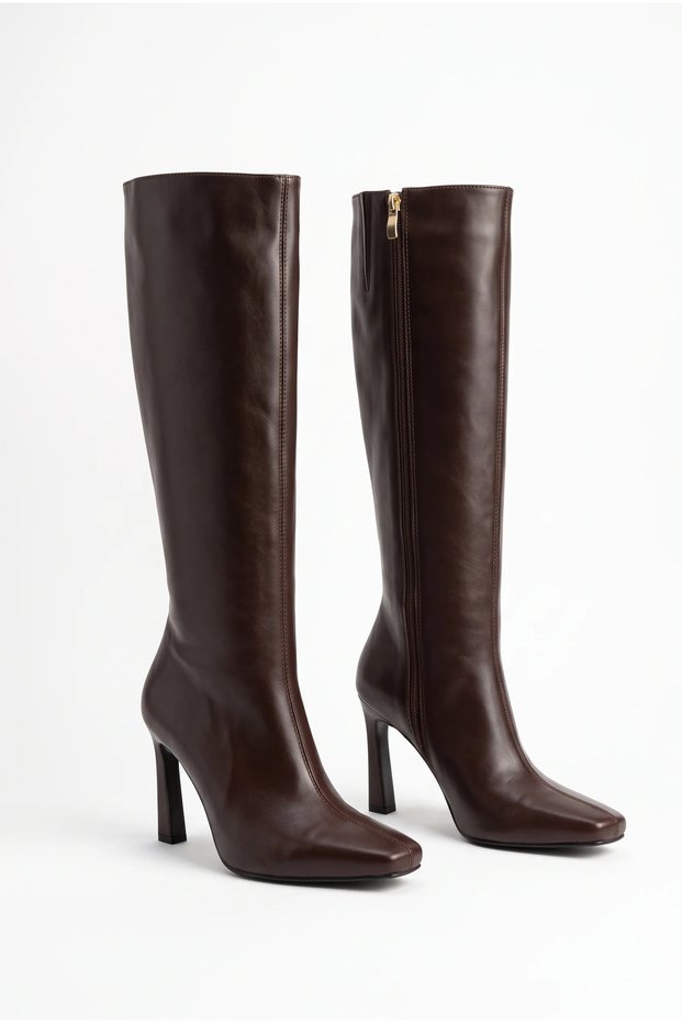 Women's Knee-Length Thin Heeled Crocodile Patterned Zippered Long Boots - Siena - Brown Leather