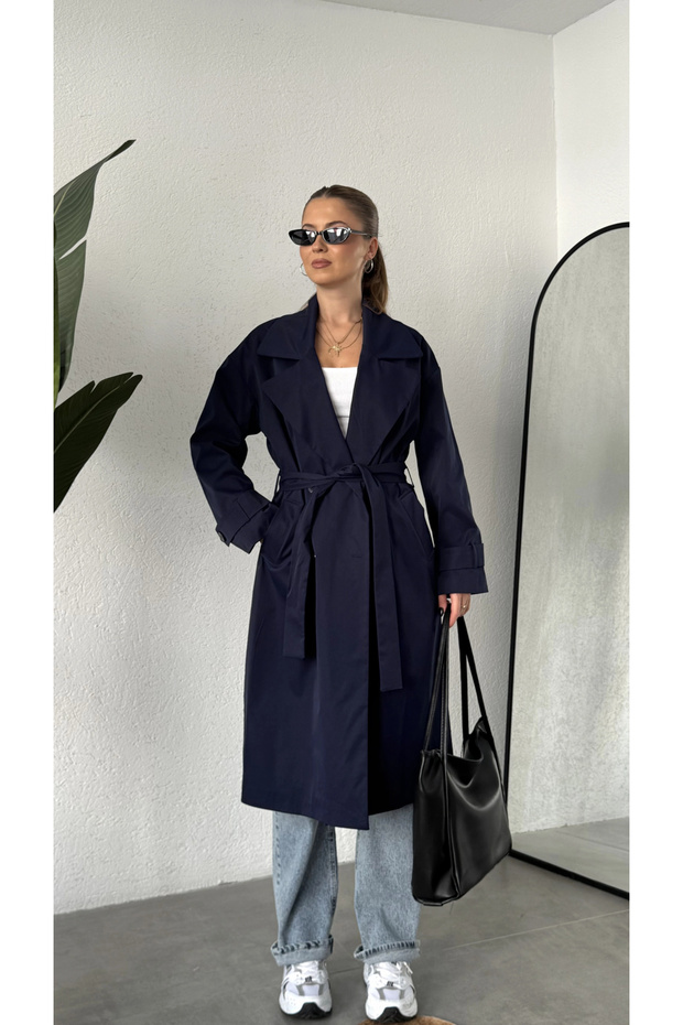 Women's Navy Blue Belted Double-Breasted Trench Coat Long Sleeve Double Row Buttoned Lined Belted Trench Coat Jacket
