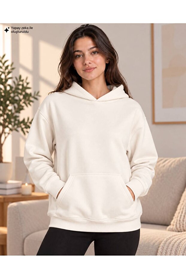 Women's Hooded Oversize Sweatshirt - Plain Basic Cotton Sweatshirt with Kangaroo Pocket