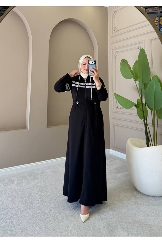 Women's Hooded Long Coat – Zippered Adjustable Waist Detailed Hijab Casual Two-Thread Coat N-05537 _ Black