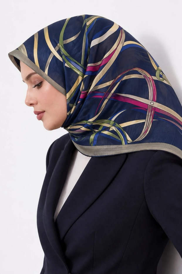 Ls2209 Patterned Cotton Silk Scarf 90X90 cm 07-Navy Blue-Fuchsia-Green