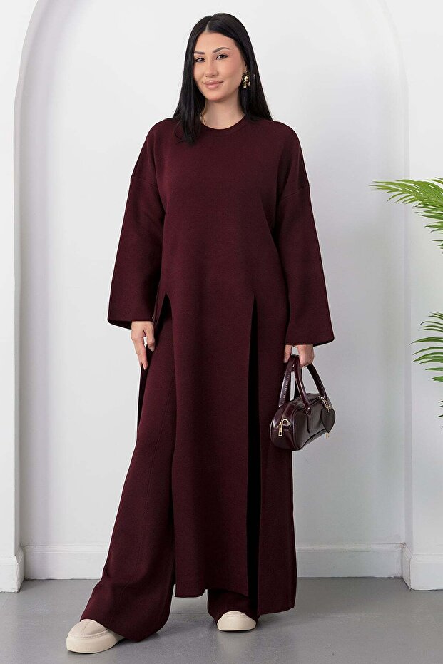 Crew Neck Slit Pants Double Set Pl2611