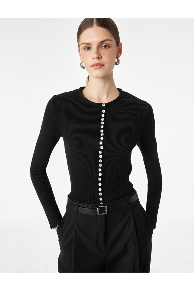 Buttoned Crew Neck Long Sleeve Knitwear Cardigan
