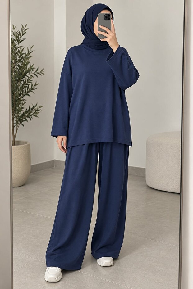 Isiklet Yaka Basic Two-Piece Set Navy Blue