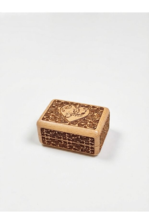 Wooden Jewelry Box – Laser Engraved Arabic Calligraphy Heart Ring & Necklace Box, Romantic Wooden Keepsake Box & Gift