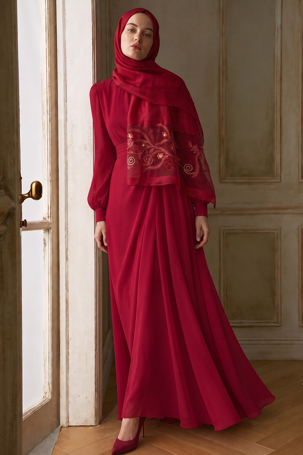 Silk Camellia Pattern Shawl - Burgundy