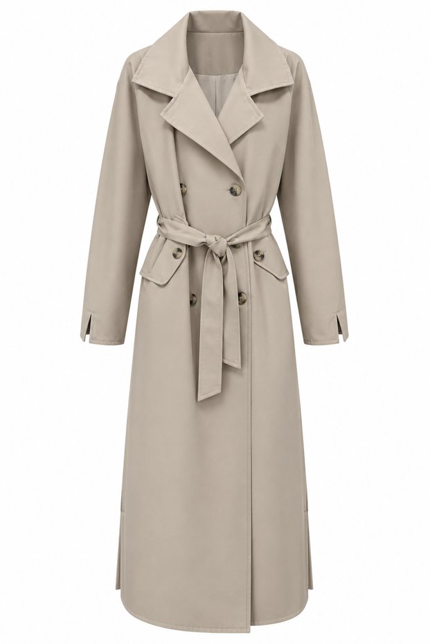 Cream Belted Double-Breasted Trench Coat