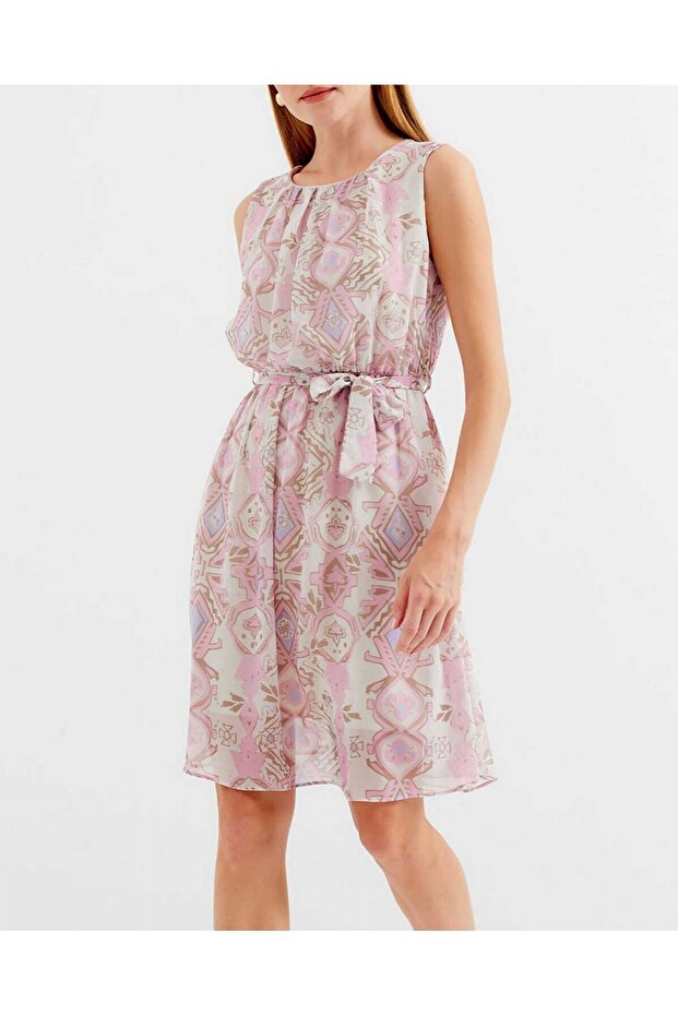 2501 Patterned Zero Sleeve Chiffon Dress - Pink