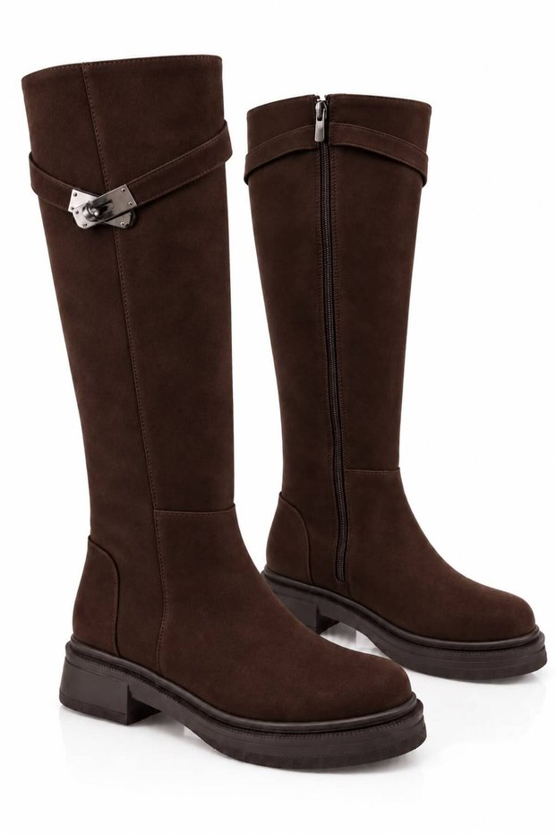 Women's Soft Leather Lock Buckle Detailed Non-Slip Sole Waterproof Boots